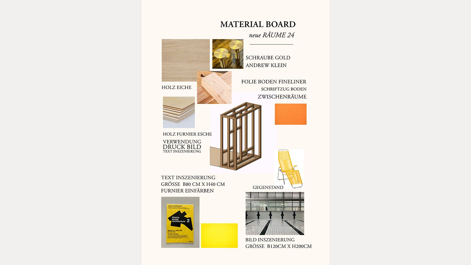 We captured our considerations for materialisation on a material board © HFTG Materialboard- Projektauftrag Messestand - HFTG - neue raeume 2024.jpg